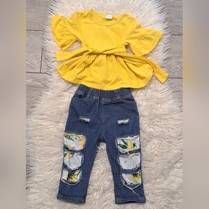 Brand New Baby Girl Yellow Top and Blue Denim Kids Bottoms